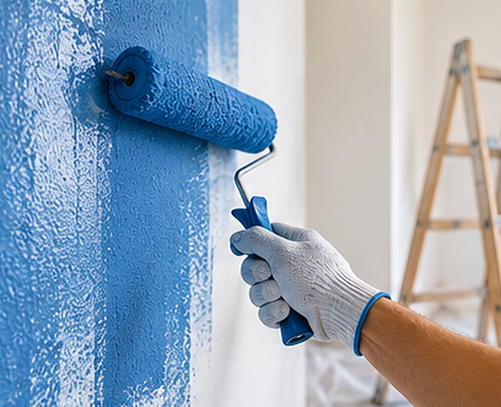 Profesional pintando una pared azul con rodillo